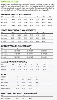 Cannondale Clothing Size Chart